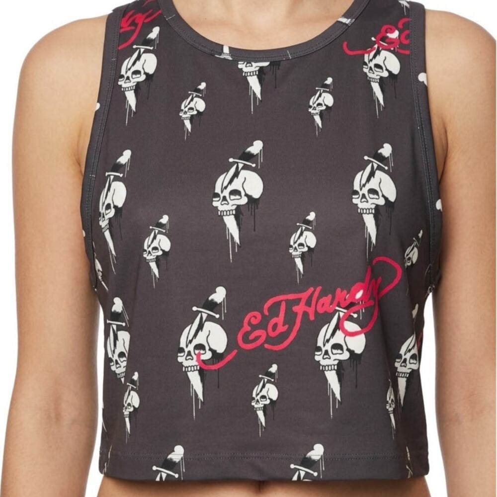 Ed Hardy Gray White Skull Knife Logo Cropped Tank Top size L NEW Tags Racerback